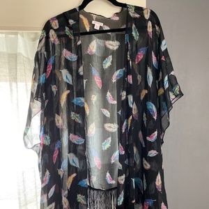 Sheer feather pattern cover up with fringe detail